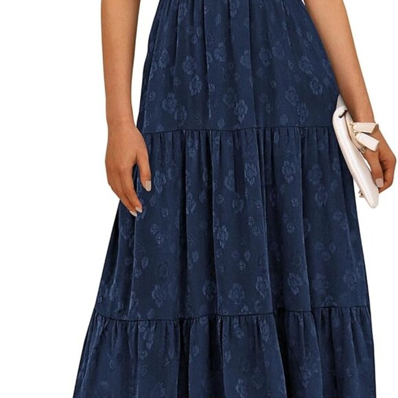 Women's 2025 Summer Casual Midi Dresses Square Neck Short Sleeve Smocked A Line - Picture 1 of 6